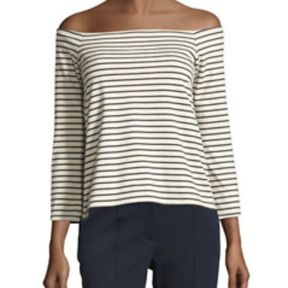 Theory Black Striped Cream Off-the-shoulder Aprine K Classic Striped Shirt Large
